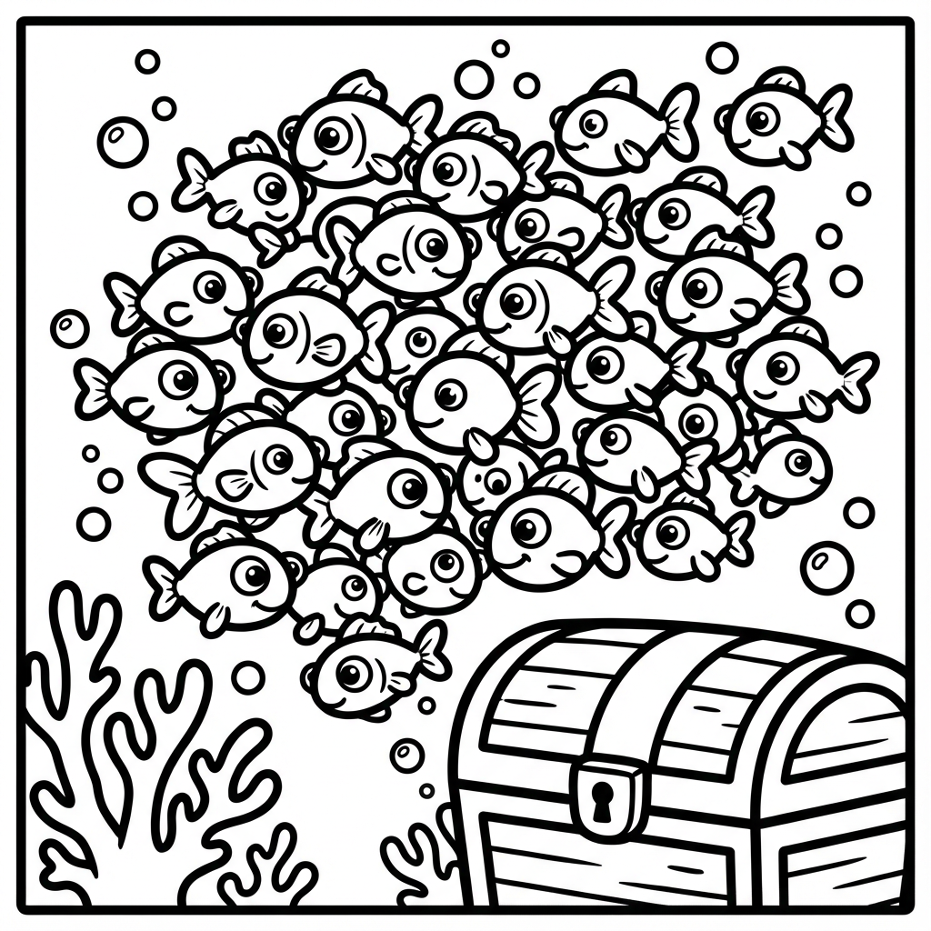 A school of happy fish swimming, perfect for thick line coloring pages and toddler preschool simple coloring.